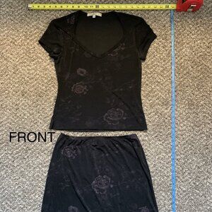 LA BELLE skirt & shirt set, size L (fit is not true to size) black w/ purple